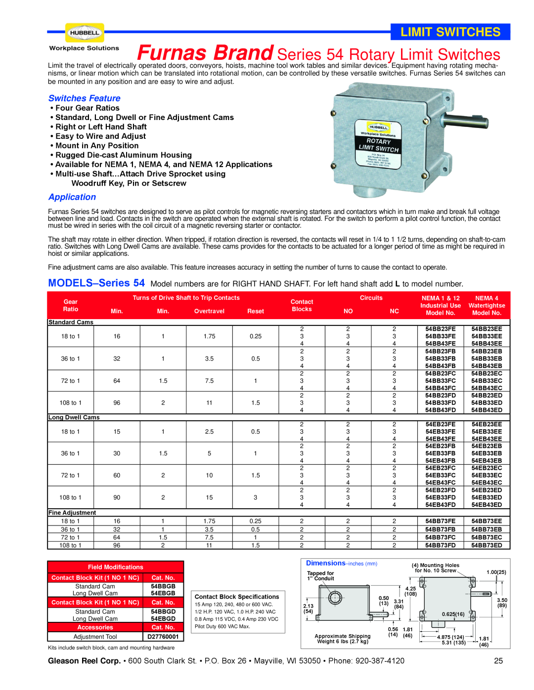 Hubbell dimensions Furnas Brand Series 54 Rotary Limit Switches, Switches Feature, Application 