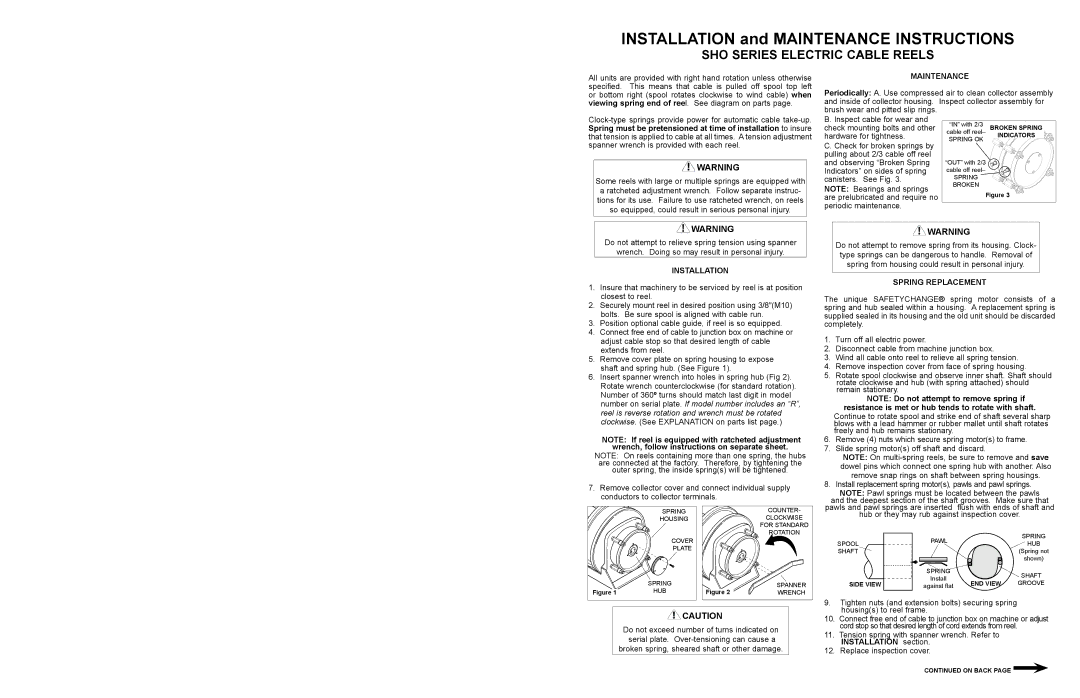 Hubbell manual SHO Series Electric Cable Reels, Maintenance, Installation, Spring Replacement 