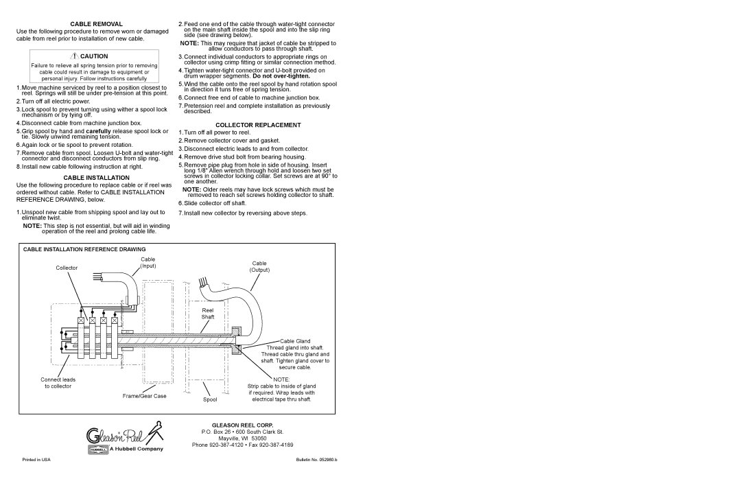 Hubbell SHO Series Failure to relieve all spring tension prior to removing, Cable Installation Reference Drawing, Spool 