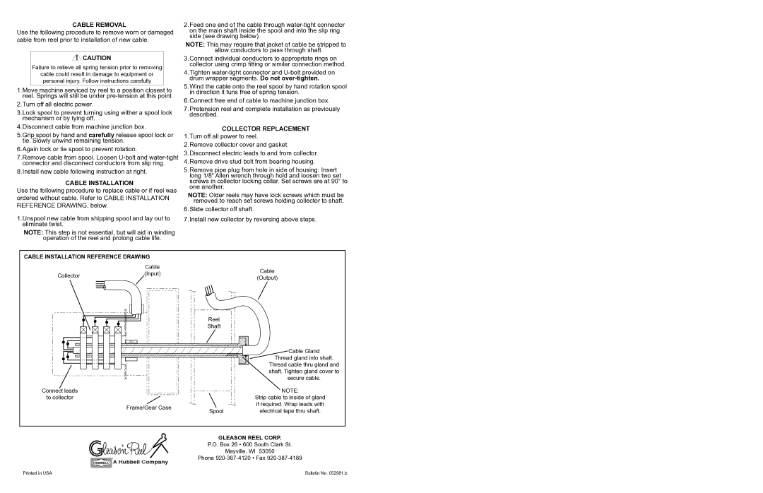 Hubbell Sho Twin Failure to relieve all spring tension prior to removing, Cable Installation Reference Drawing, Spool 