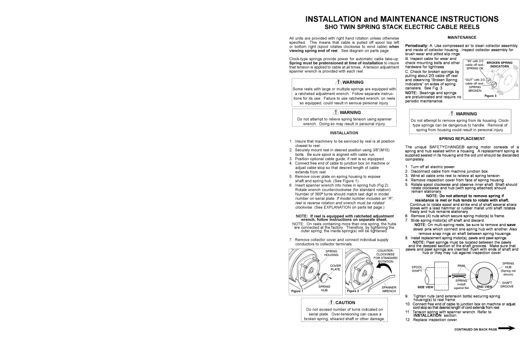 Hubbell manual Sho Twin Spring Stack Electric Cable Reels, INSTALLATION and MAINTENANCE INSTRUCTIONS, Maintenance 