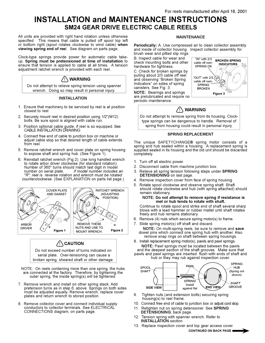 Hubbell SM-24 manual SM24 Gear Drive Electric Cable Reels, Maintenance, Installation, Spring Replacement 