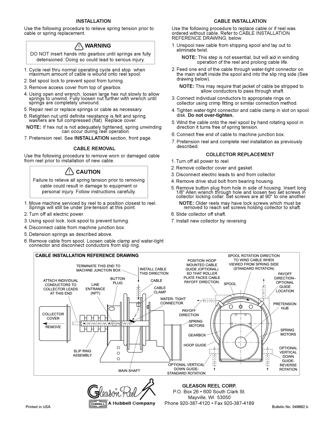 Hubbell SM-24 manual Cable Removal, Cable Installation, Collector Replacement, Gleason Reel Corp 