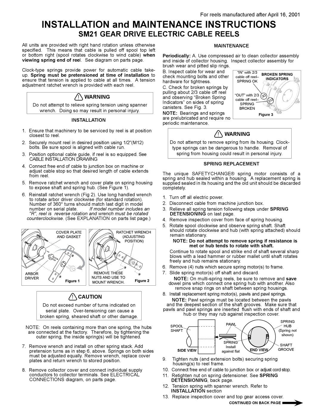 Hubbell manual SM21 Gear Drive Electric Cable Reels, Maintenance, Installation, Spring Replacement 