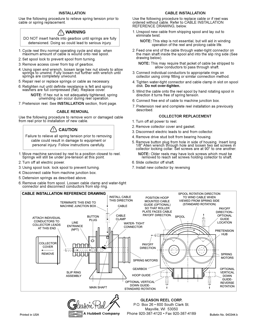 Hubbell SM32 manual Cable Removal, Cable Installation, Collector Replacement, Gleason Reel Corp 