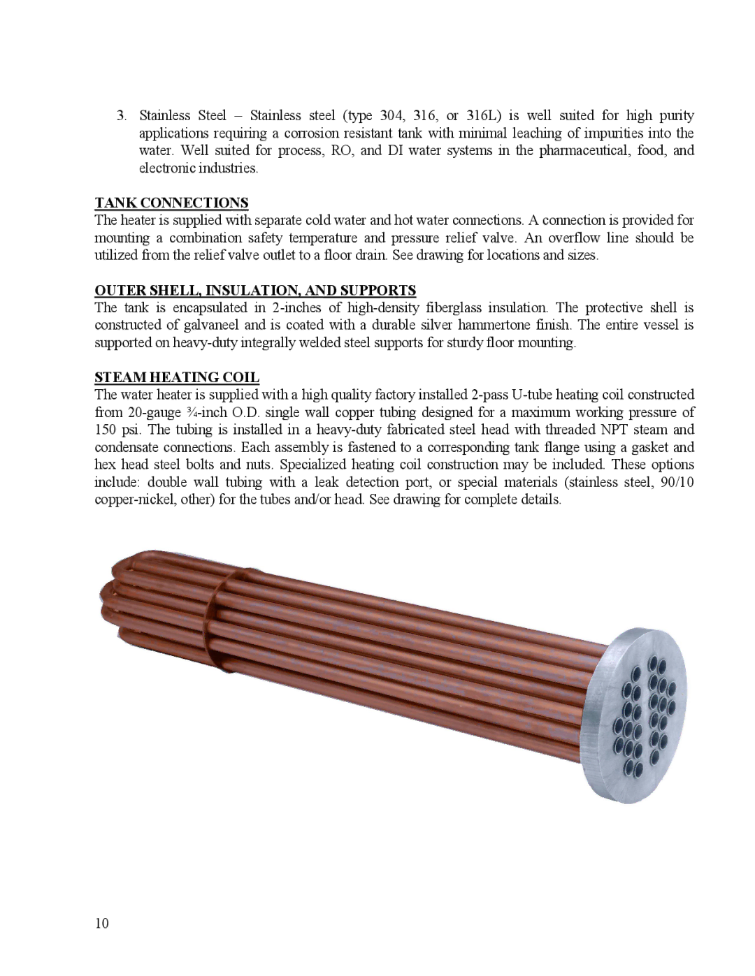 Hubbell STH manual Tank Connections, Outer SHELL, INSULATION, and Supports, Steam Heating Coil 