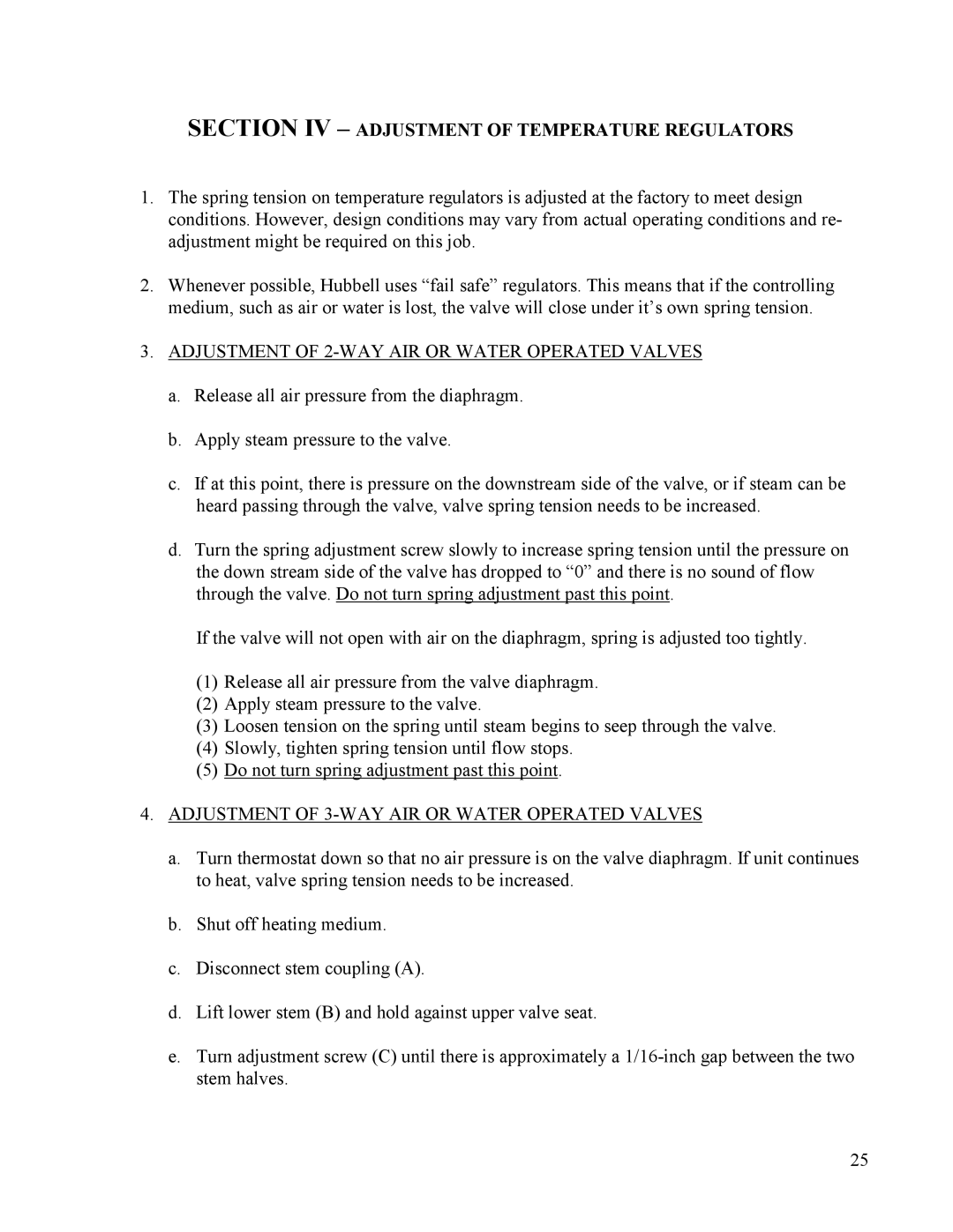 Hubbell STH manual Section IV Adjustment of Temperature Regulators, Adjustment of 2-WAY AIR or Water Operated Valves 