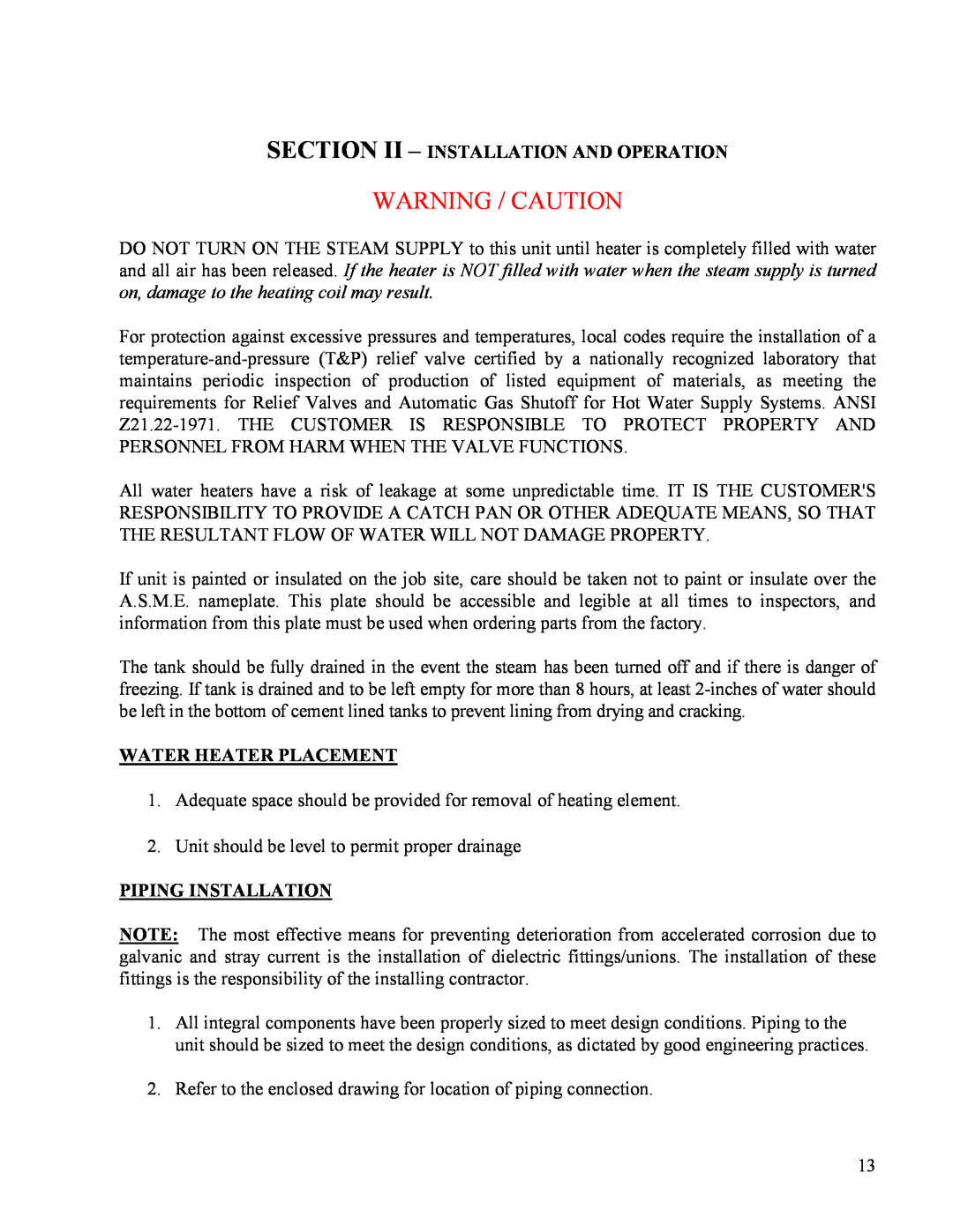 Hubbell STH manual Warning / Caution, Section Ii - Installation And Operation, Water Heater Placement, Piping Installation 