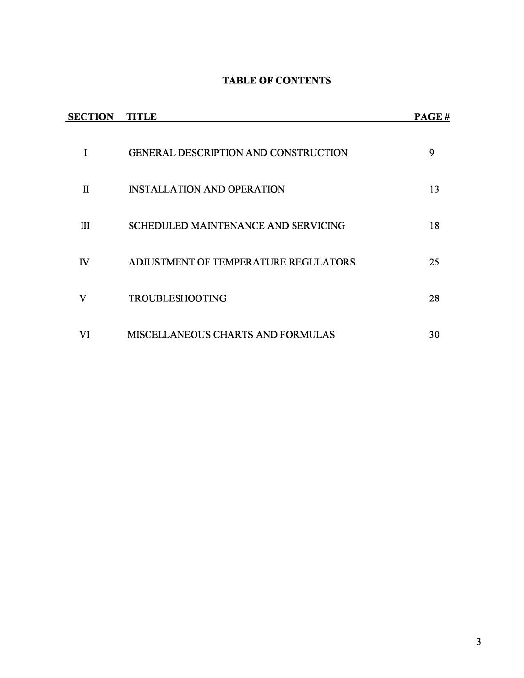 Hubbell STH manual Table Of Contents, Section, Title, Page # 