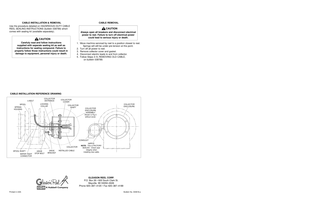 Hubbell SZ-18 manual Cable Installation & Removal, Cable Removal, Cable Installation Reference Drawing, Gleason Reel Corp 