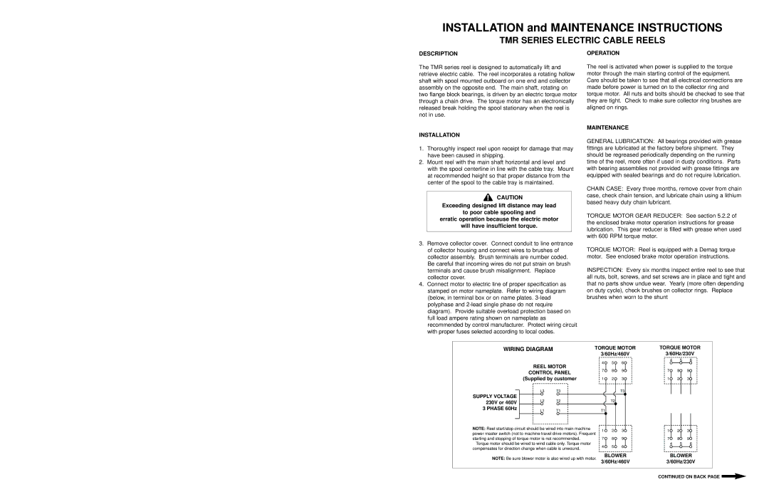 Hubbell manual TMR Series Electric Cable Reels 