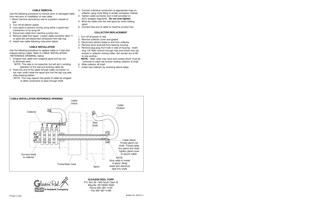 Hubbell TMR Series manual Cable Removal, Collector Replacement, Cable Installation Reference Drawing, Gleason Reel Corp 