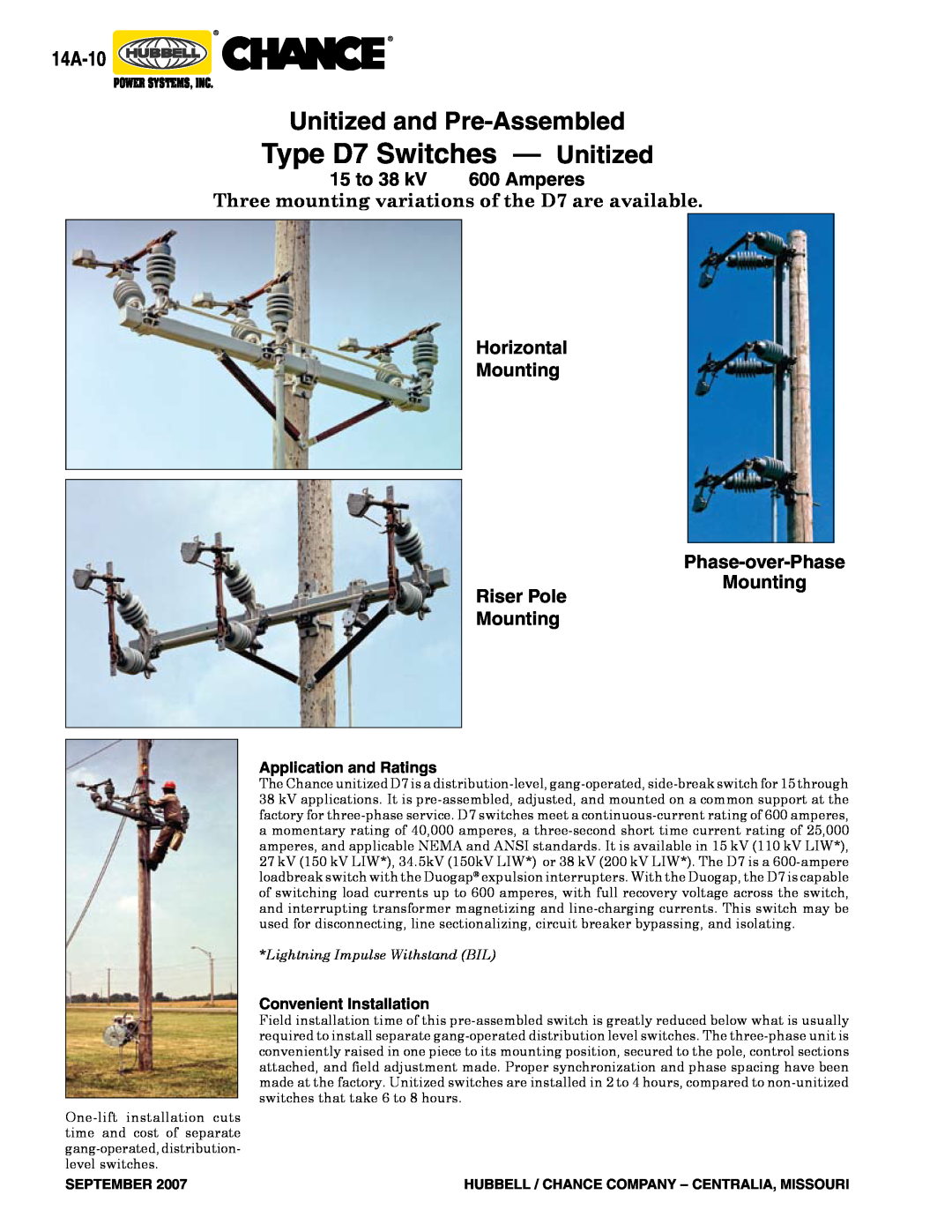 Hubbell Type AR Type D7 Switches - Unitized, Unitized and Pre-Assembled, 14A-10, 15 to 38 kV, Amperes, Riser Pole Mounting 