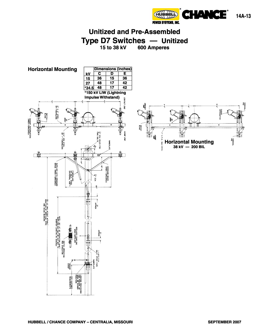 Hubbell Type AR 14A-13, 15 to 38 kV 600 Amperes, Horizontal Mounting, Type D7 Switches - Unitized, Dimensions inches 