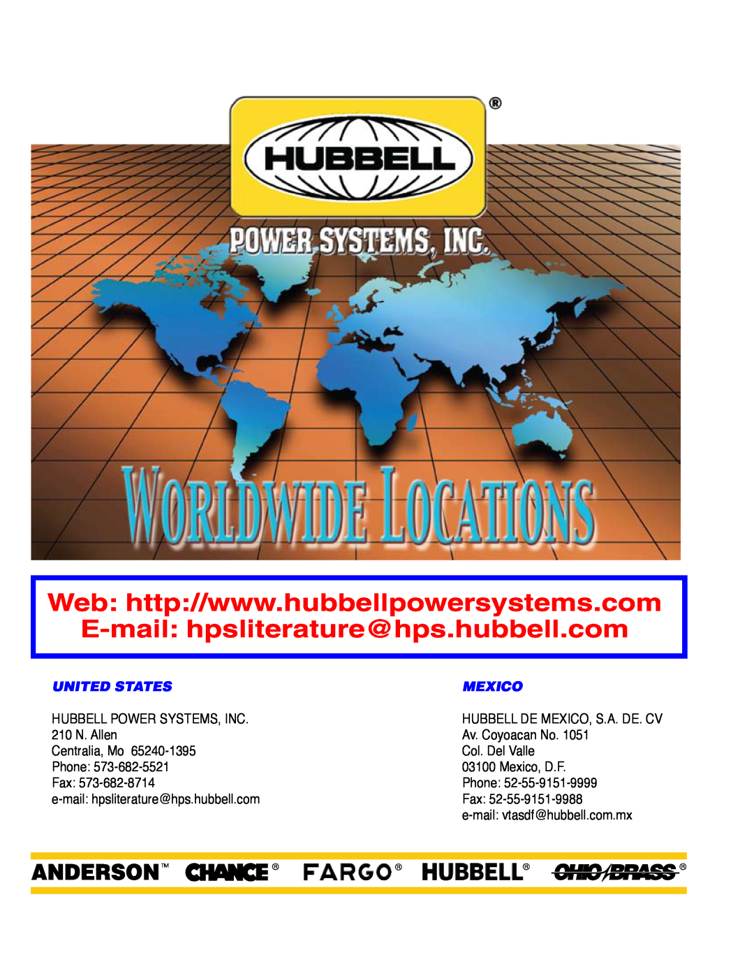 Hubbell Type D6, Type D7, Type AR warranty 14A-20, E-mail hpsliterature@hps.hubbell.com, United States, Mexico 