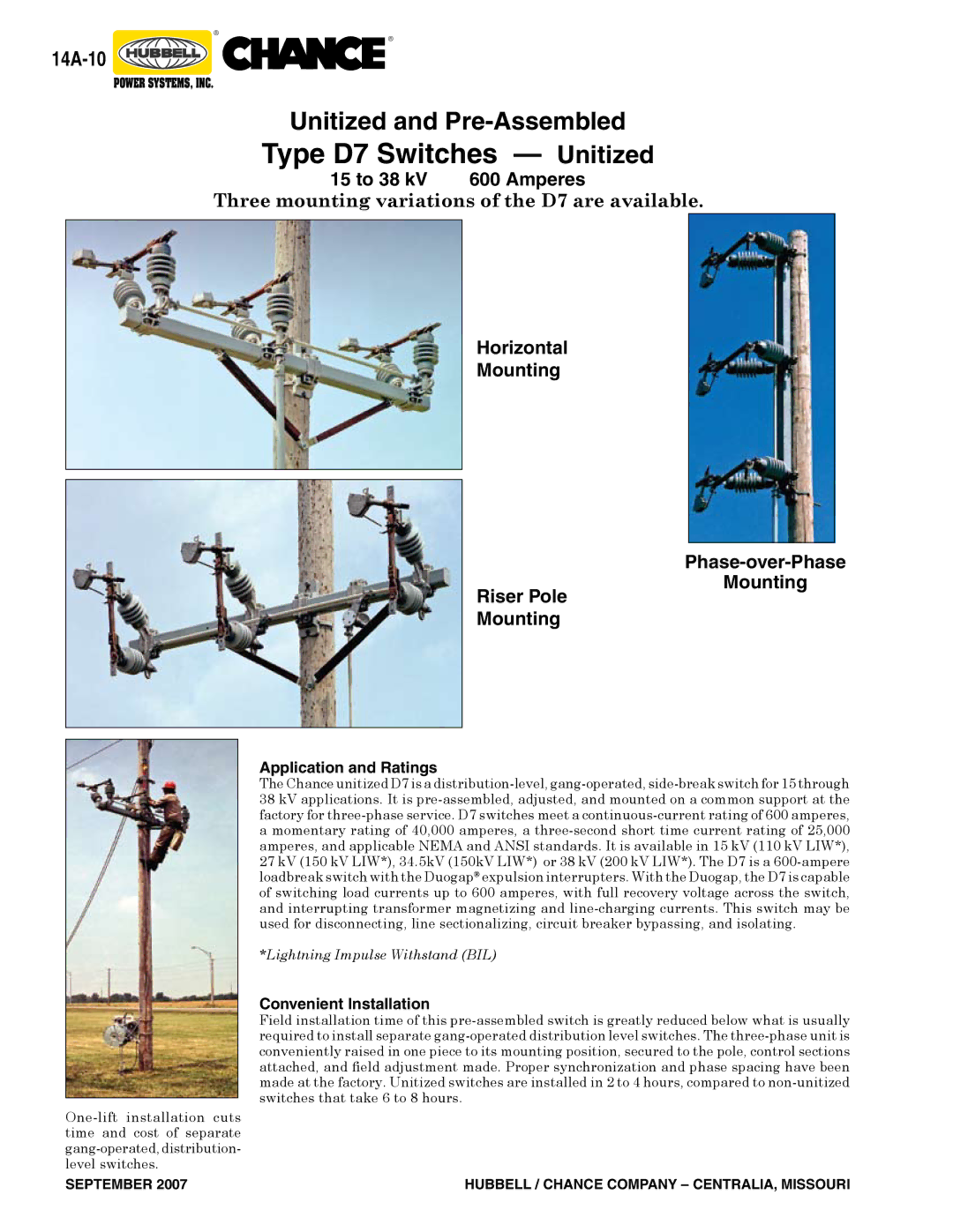 Hubbell Type AR Type D7 Switches - Unitized, 15 to 38 kV Amperes, Horizontal Mounting Phase-over-Phase Riser Pole Mounting 