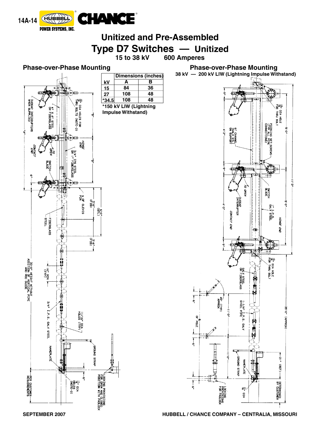 Hubbell Type D6, Type D7, Type AR warranty 15 to 38 kV Amperes Phase-over-Phase Mounting 