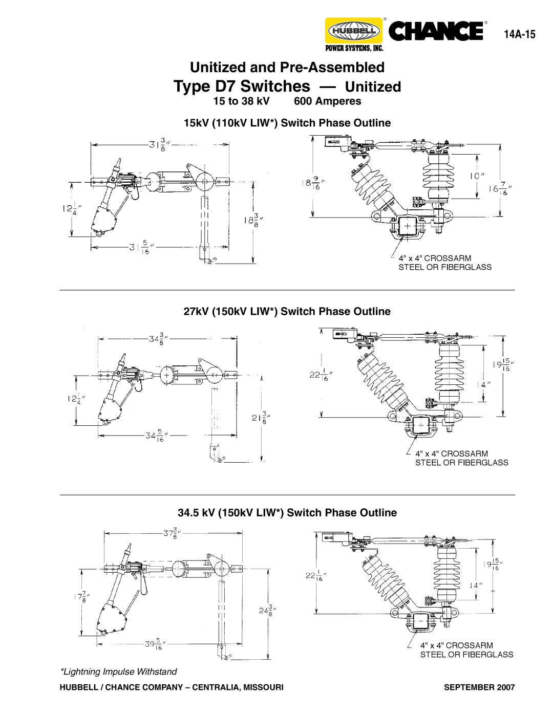 Hubbell Type D7, Type AR, Type D6 warranty 27kV 150kV LIW* Switch Phase Outline, 34.5 kV 150kV LIW* Switch Phase Outline 