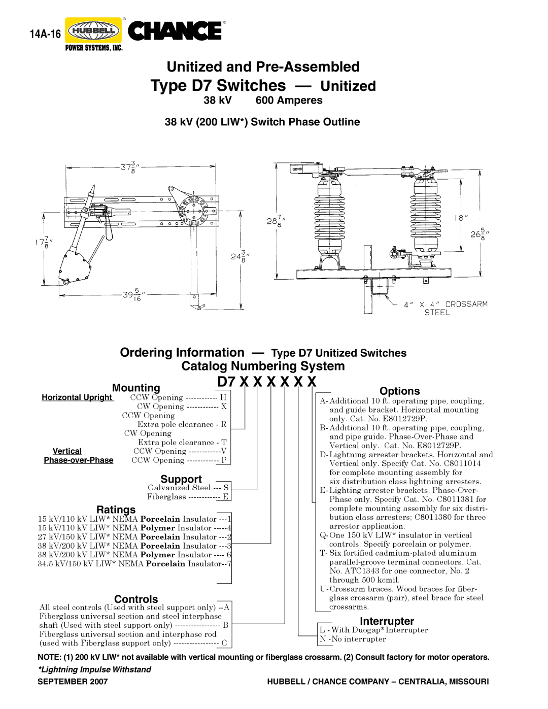 Hubbell Type AR, Type D7 38 kV 600 Amperes 38 kV 200 LIW* Switch Phase Outline, Options, Support, Ratings, Interrupter 