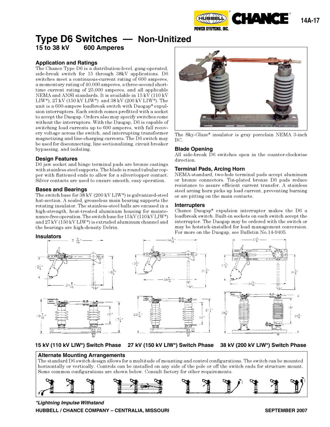 Hubbell Type D7, Type AR Type D6 Switches - Non-Unitized, Bases and Bearings, Blade Opening, Terminal Pads, Arcing Horn 