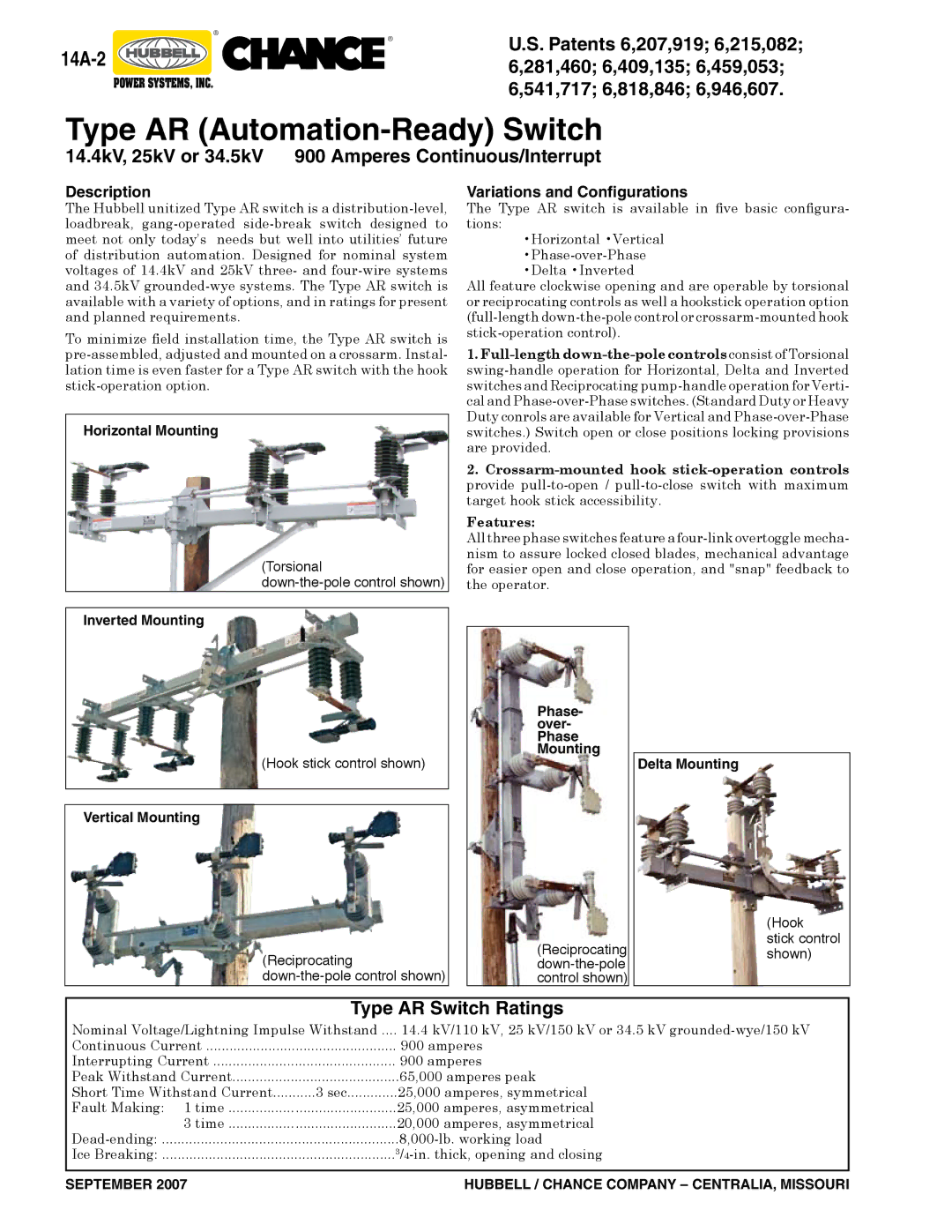 Hubbell Type D6, Type D7 541,717 6,818,846 6,946,607, 14.4kV, 25kV or 34.5kV 900 Amperes Continuous/Interrupt, Description 