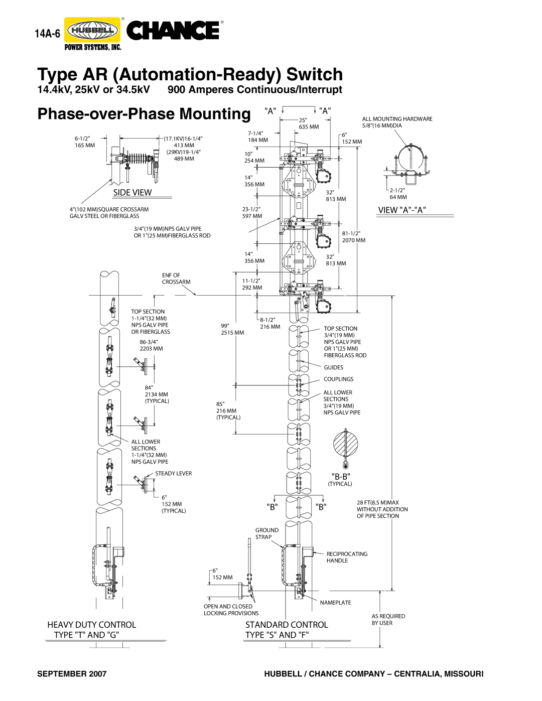 Hubbell Type D7, Type AR, Type D6 warranty Phase-over-Phase Mounting a, Side View 