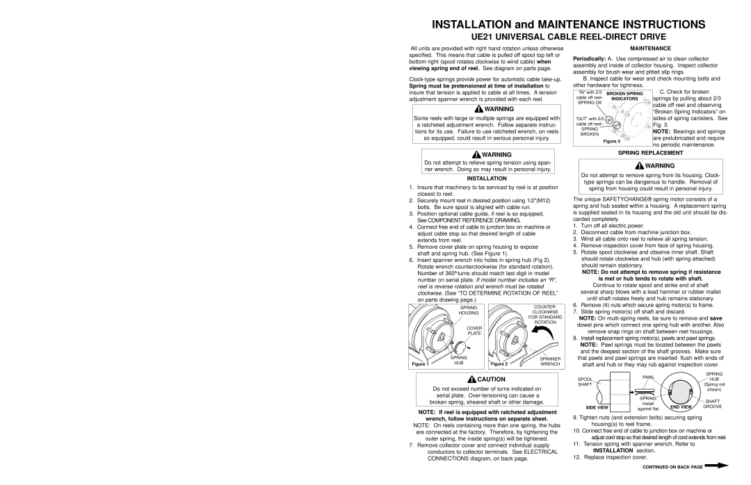 Hubbell UE21 manual Installation, Maintenance, Spring Replacement, Is met or hub tends to rotate with shaft 