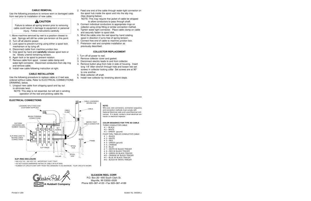 Hubbell UE24 manual Cable Removal, Cable Installation, Collector Replacement, Electrical Connections, Gleason Reel Corp 