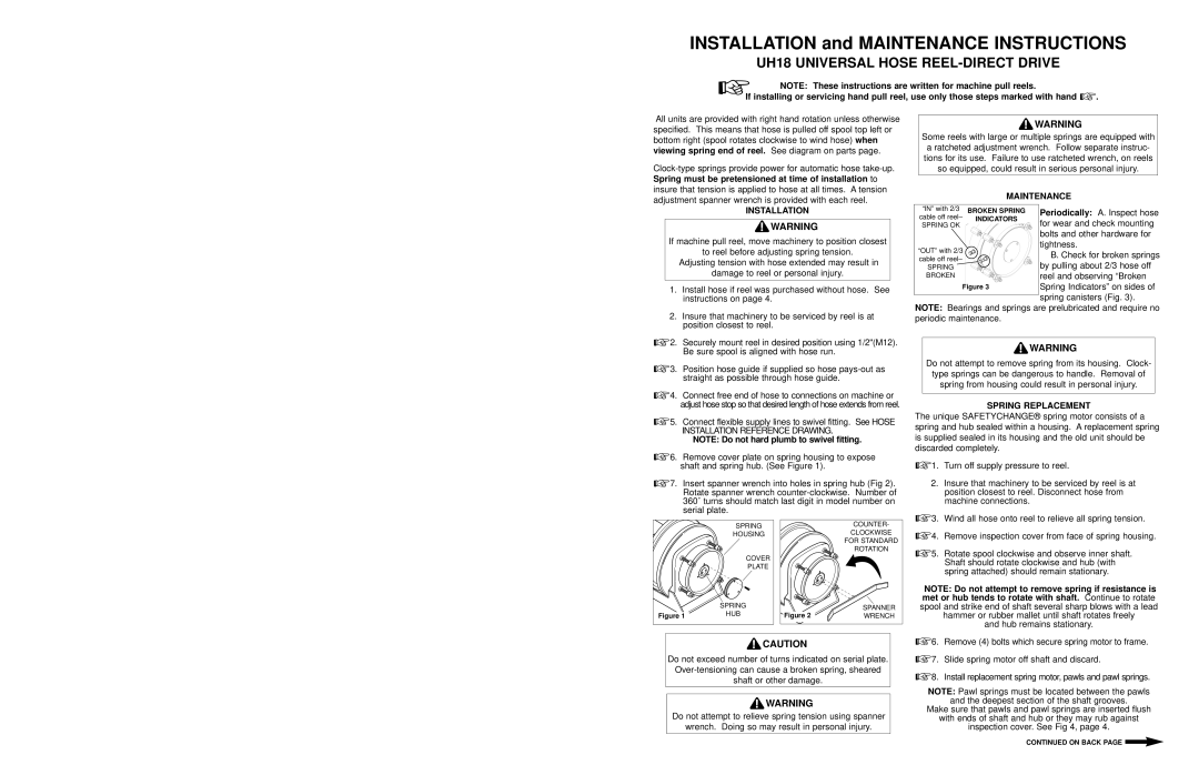 Hubbell manual UH18 UNIVERSAL HOSE REEL-DIRECT DRIVE, INSTALLATION and MAINTENANCE INSTRUCTIONS 