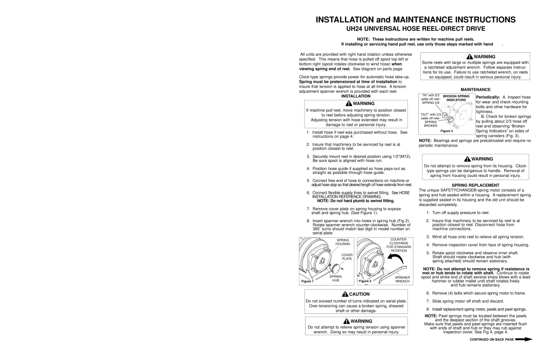 Hubbell UH24 manual Hose Removal, Hose Installation Reference Drawing, Gleason Reel Corp, Hubbell Company 