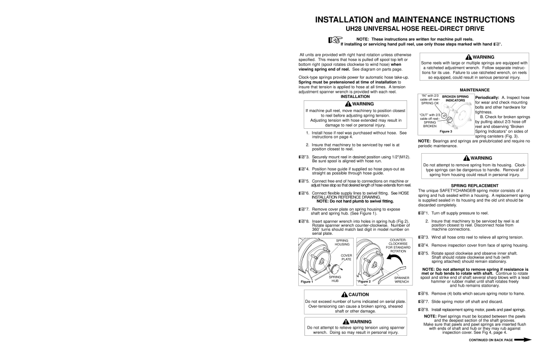 Hubbell manual UH28 Universal Hose REEL-DIRECT Drive, Installation, Maintenance, Spring Replacement 