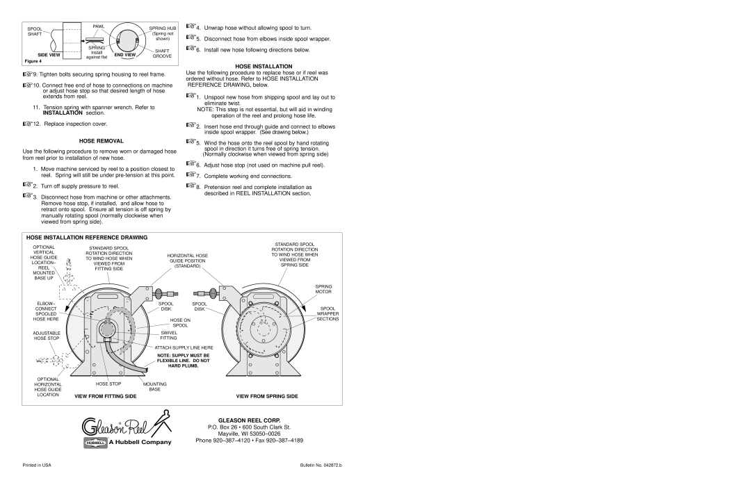 Hubbell UH32 manual Hose Removal, Hose Installation Reference Drawing, Gleason Reel Corp, Hubbell Company 