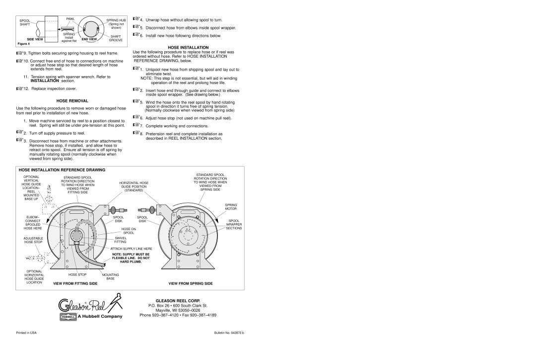 Hubbell UH32 manual Hose Removal, Hose Installation Reference Drawing, Gleason Reel Corp, A Hubbell Company 