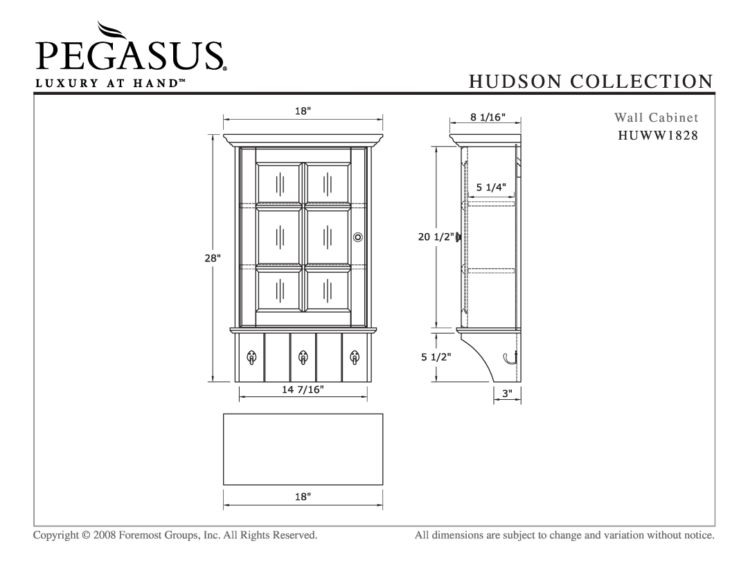 Hudson Sales & Engineering HUWW1828, HUWS2412, HUWT2066, HUWF1534 dimensions Wall Cabinet, Hudson Collection 