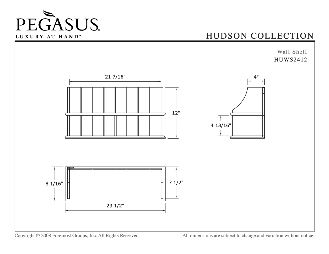 Hudson Sales & Engineering HUWS2412, HUWT2066, HUWW1828, HUWF1534 dimensions Wall Shelf, Hudson Collection 