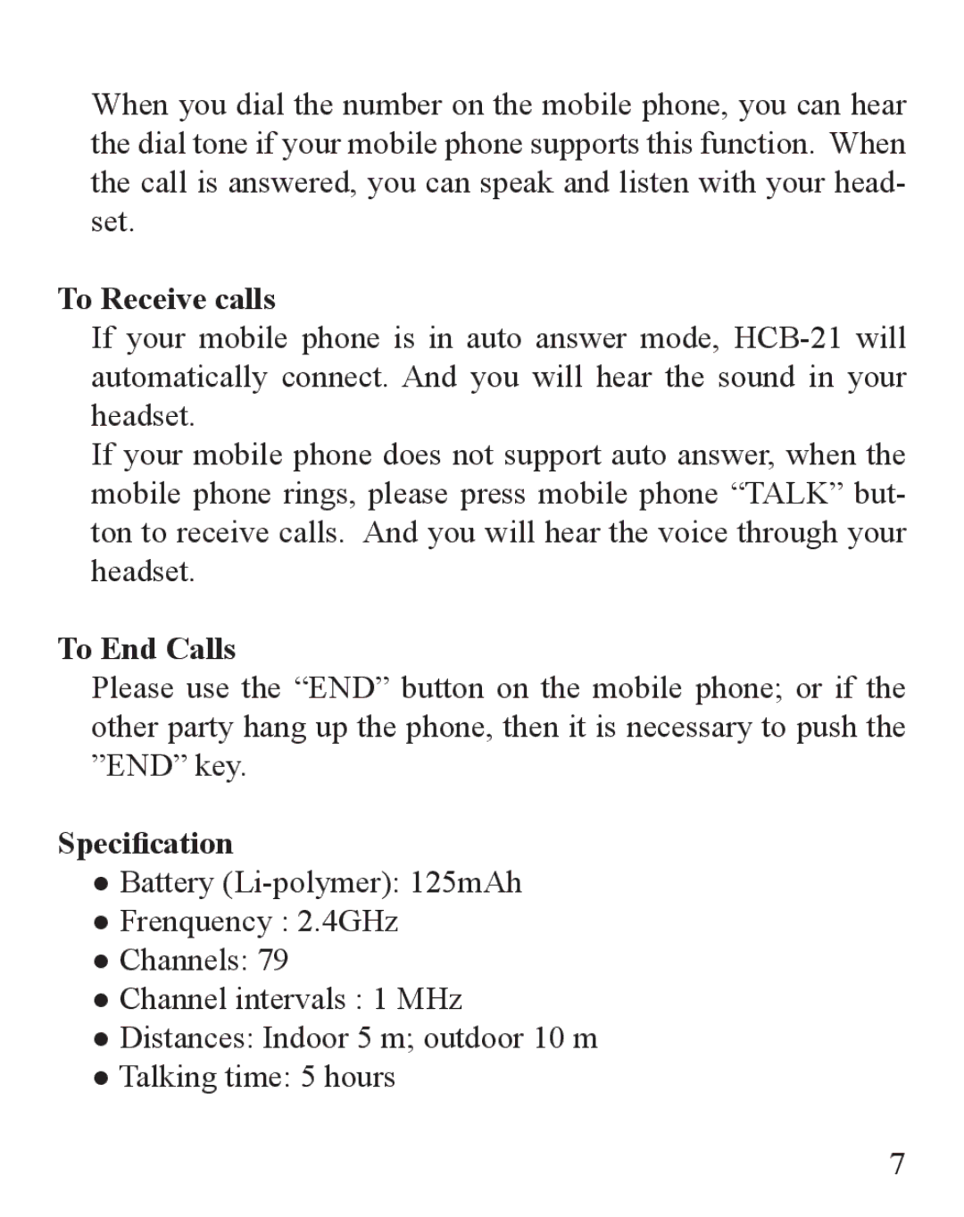 Huey Chiao HCB-21 manual To Receive calls, To End Calls, Specification 