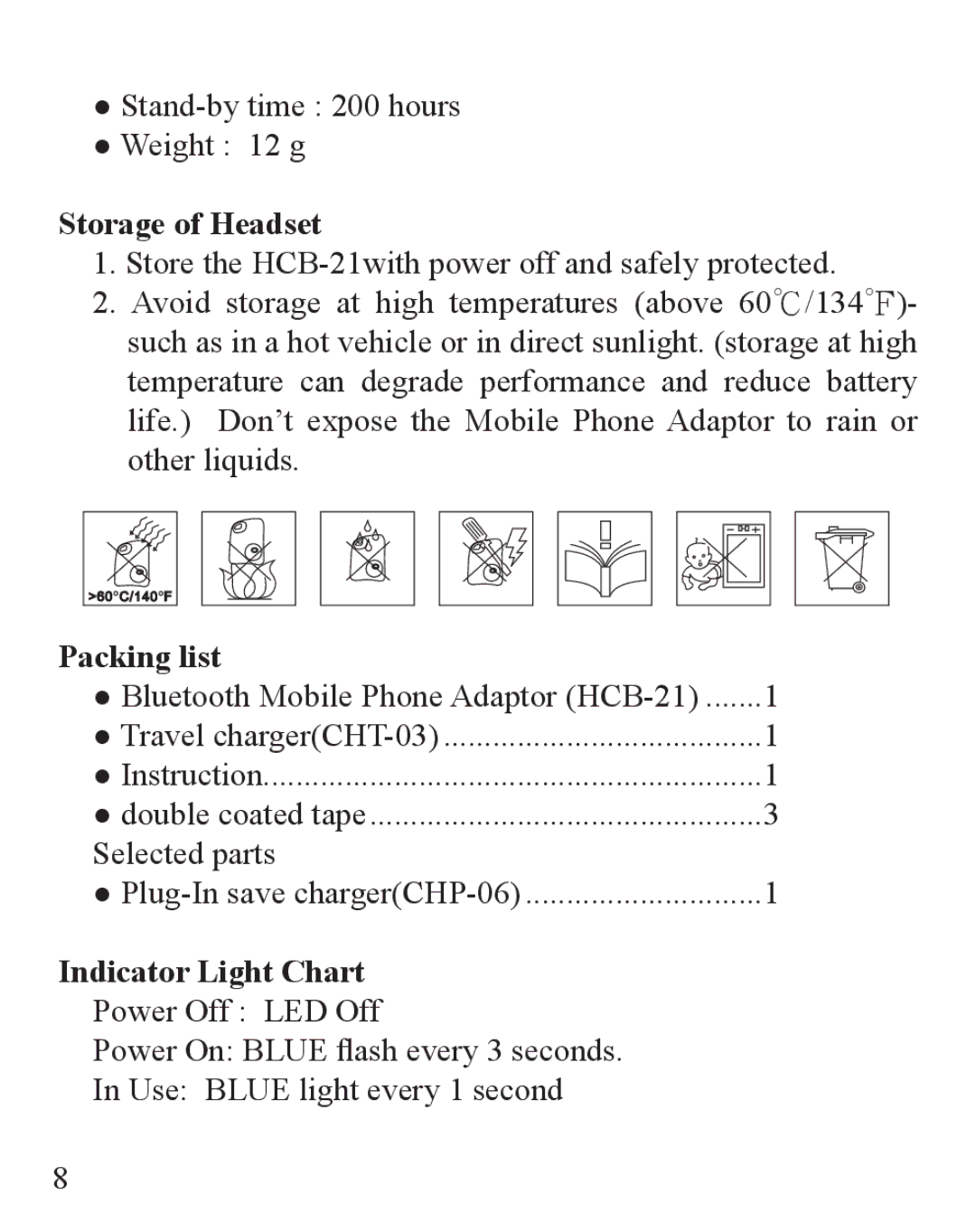 Huey Chiao HCB-21 manual Storage of Headset, Packing list, Indicator Light Chart 