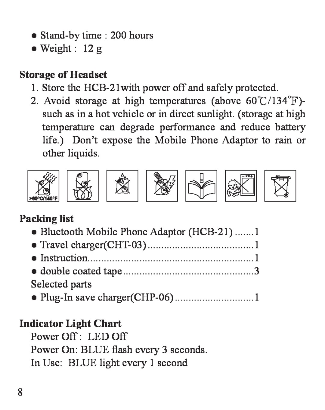 Huey Chiao HCB-21 manual Storage of Headset, Packing list, Indicator Light Chart 
