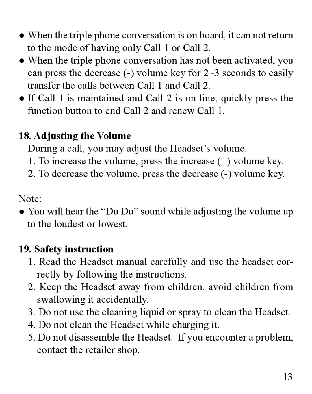 Huey Chiao HCB02 manual Adjusting the Volume, Safety instruction 