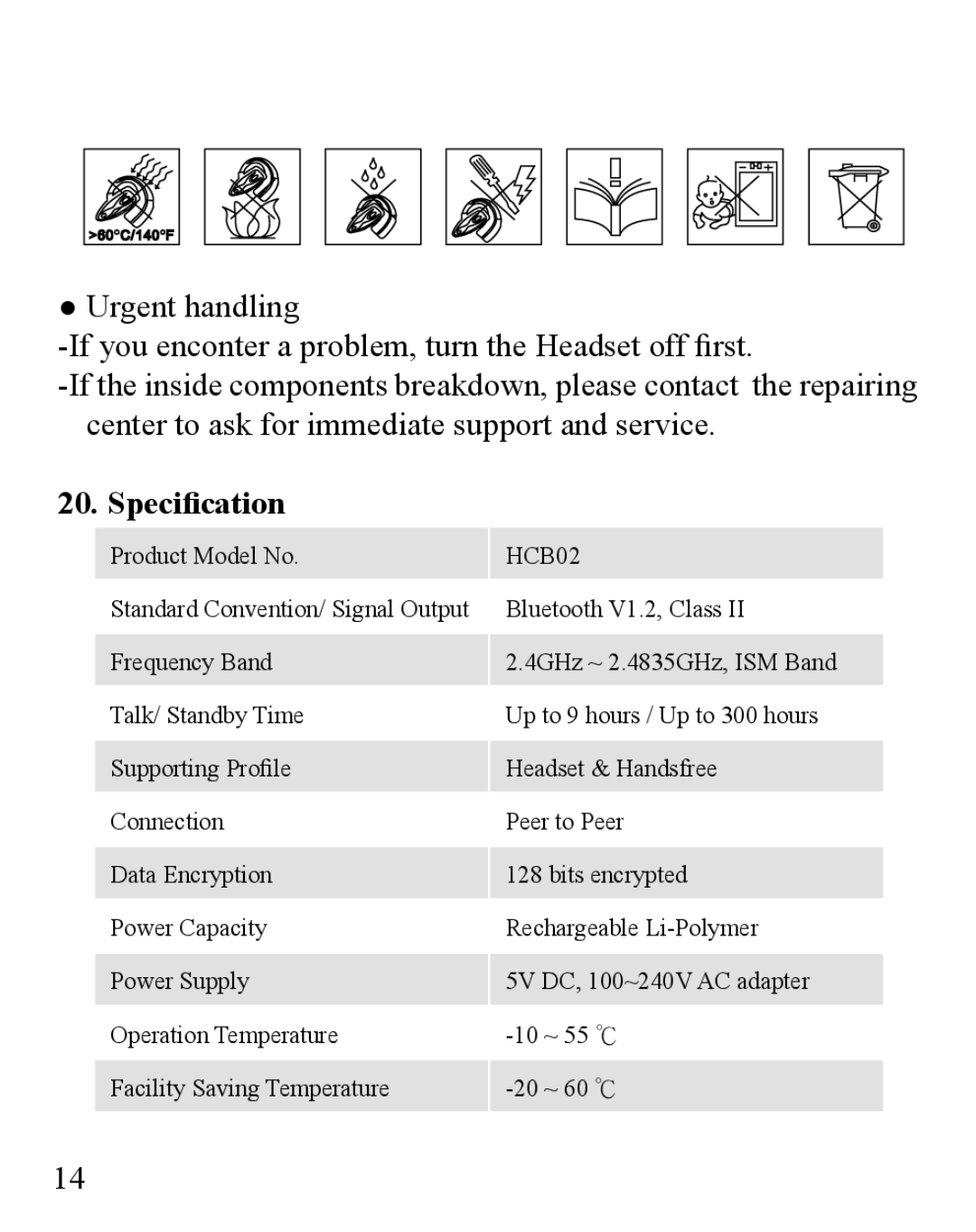 Huey Chiao HCB02 manual Specification 