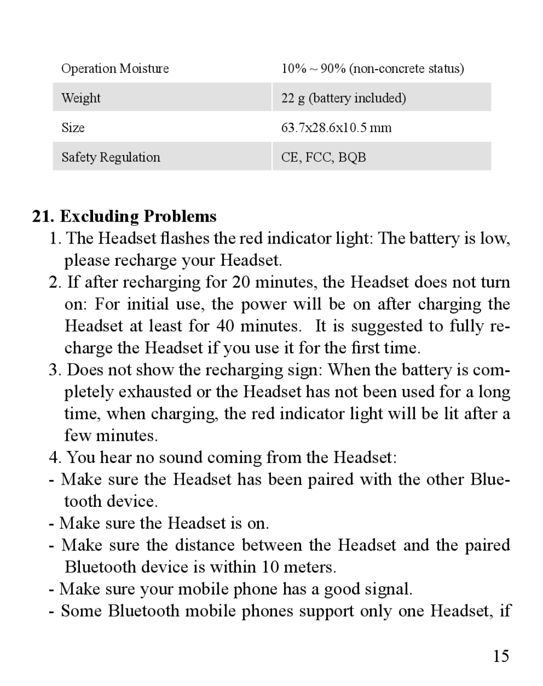 Huey Chiao HCB02 manual Excluding Problems 