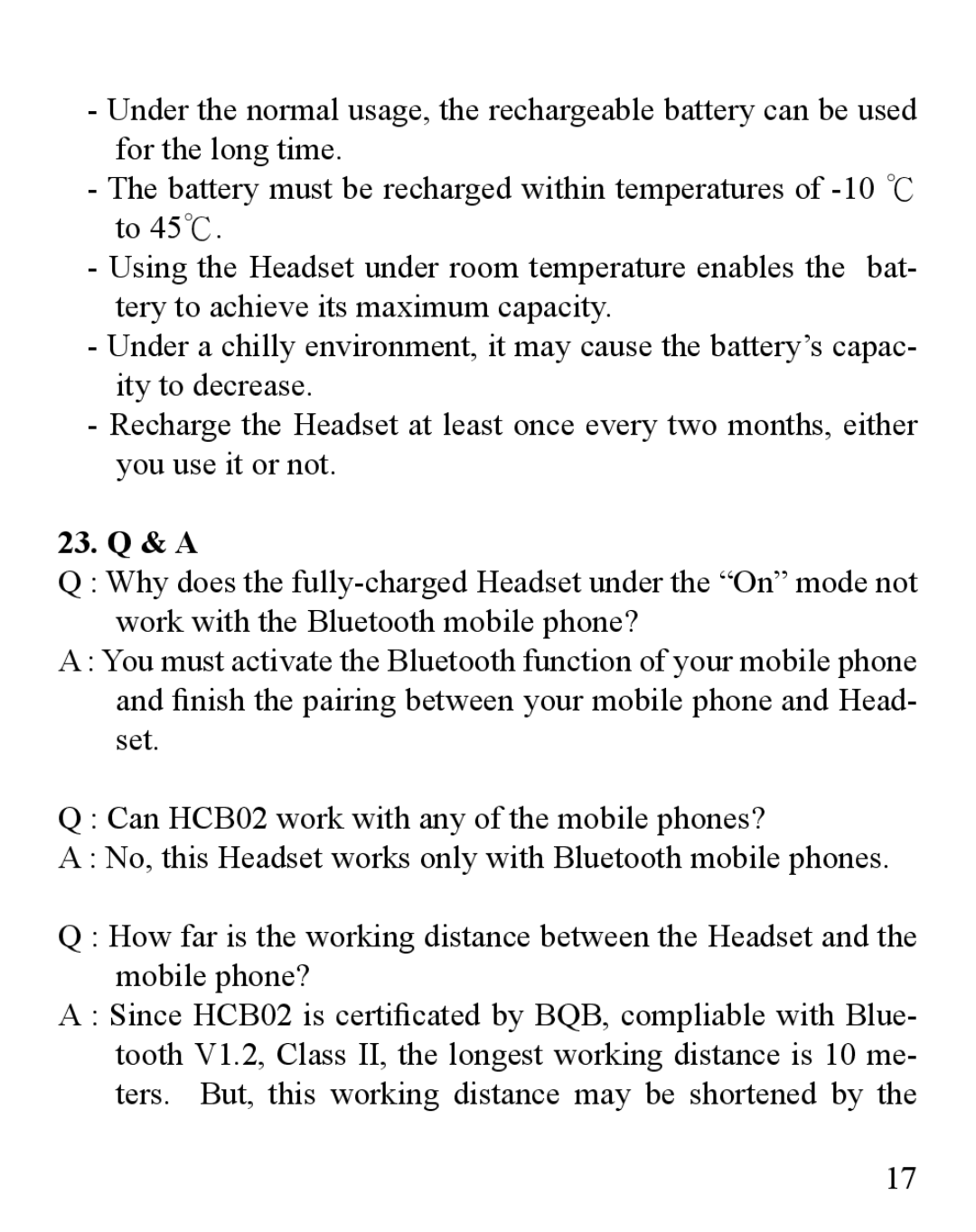 Huey Chiao HCB02 manual 23. Q & a 