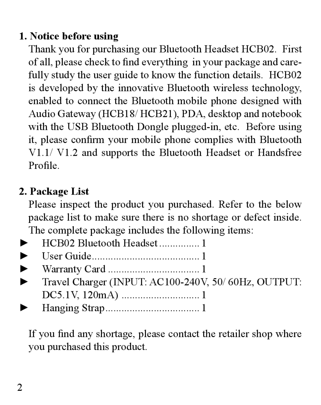 Huey Chiao HCB02 manual Package List, Complete package includes the following items 