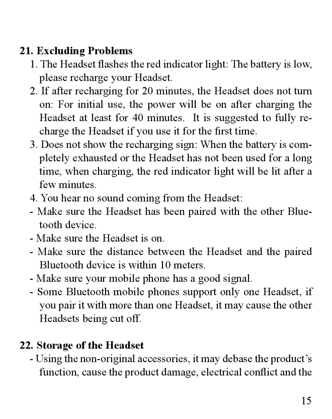 Huey Chiao HCB03 manual Excluding Problems, Storage of the Headset 