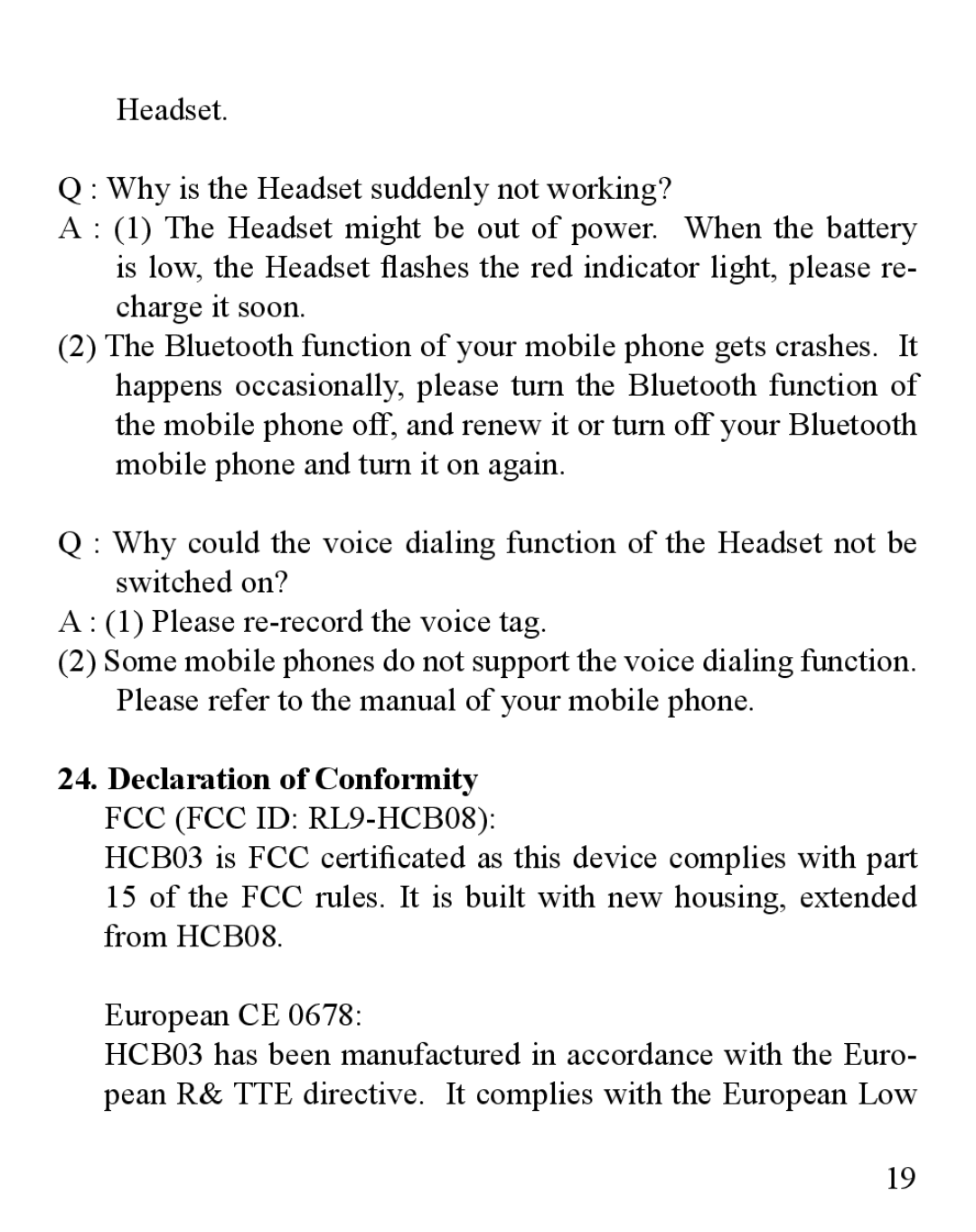 Huey Chiao HCB03 manual Declaration of Conformity FCC FCC ID RL9-HCB08 