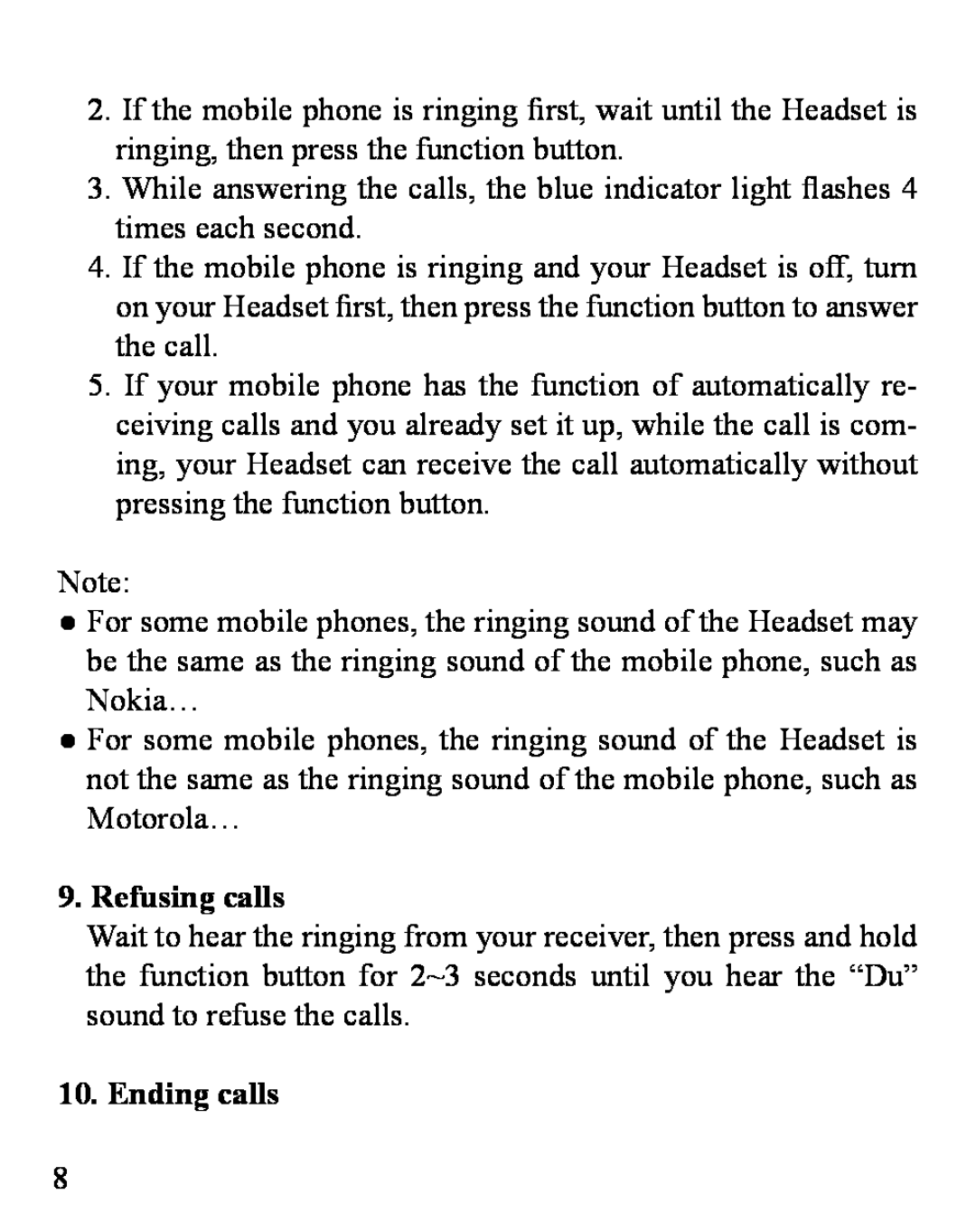Huey Chiao HCB03 manual Refusing calls, Ending calls 