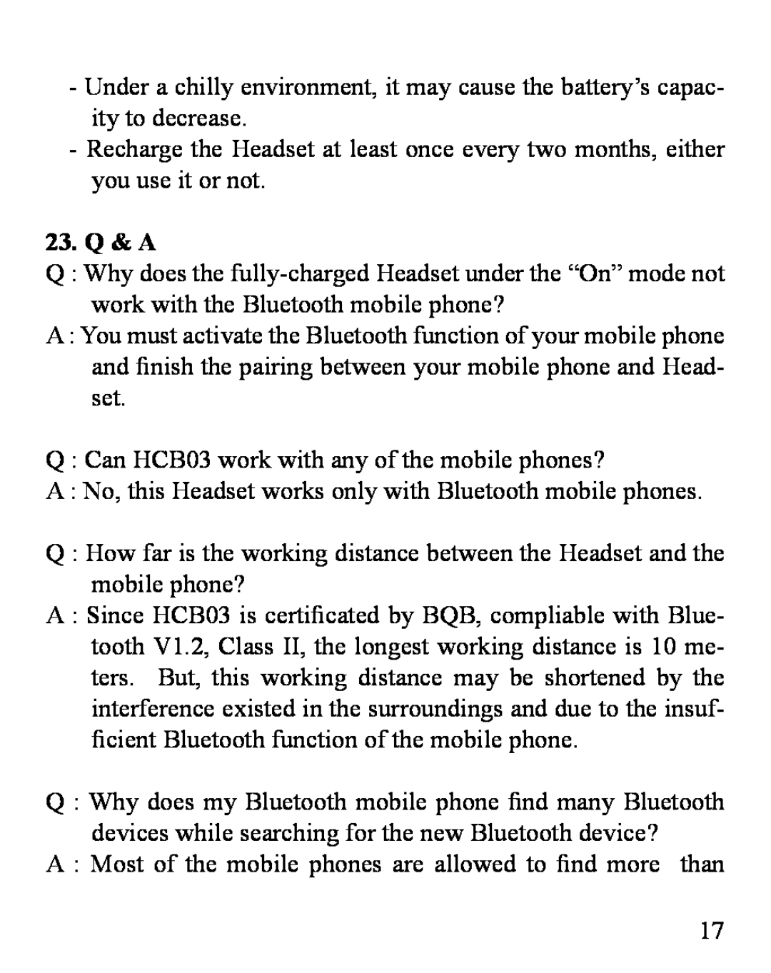 Huey Chiao HCB03 manual 23. Q & A 