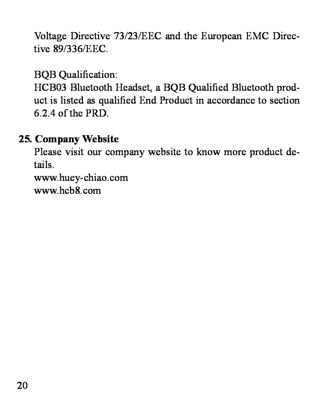 Huey Chiao HCB03 manual Company Website, BQB Qualification, of the PRD 