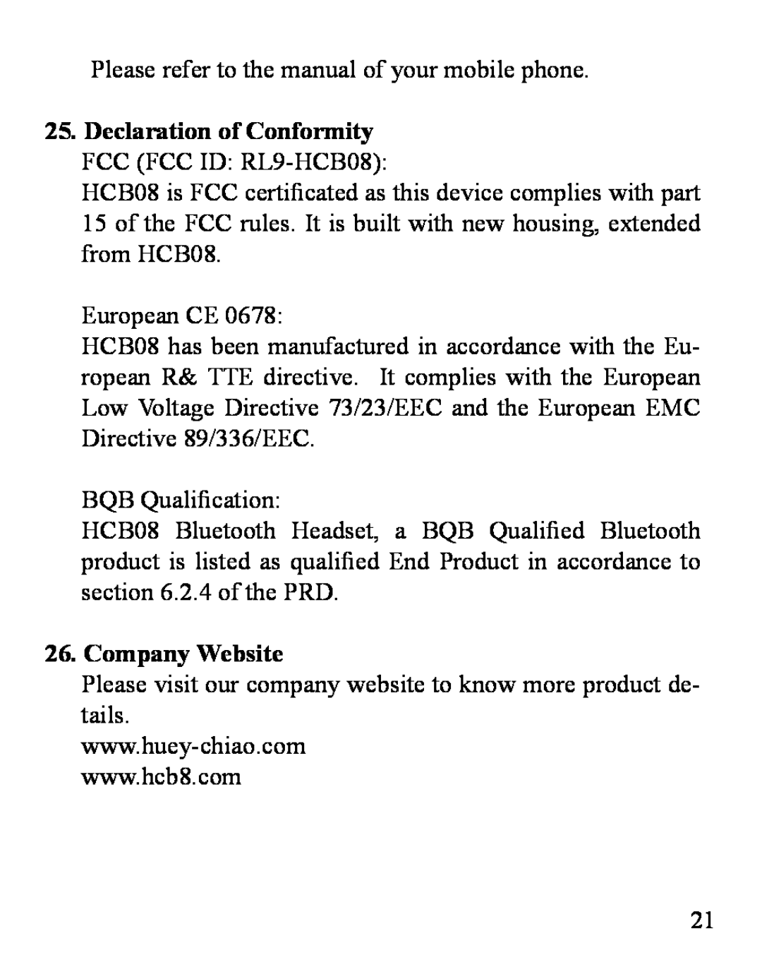 Huey Chiao HCB08 manual Company Website 