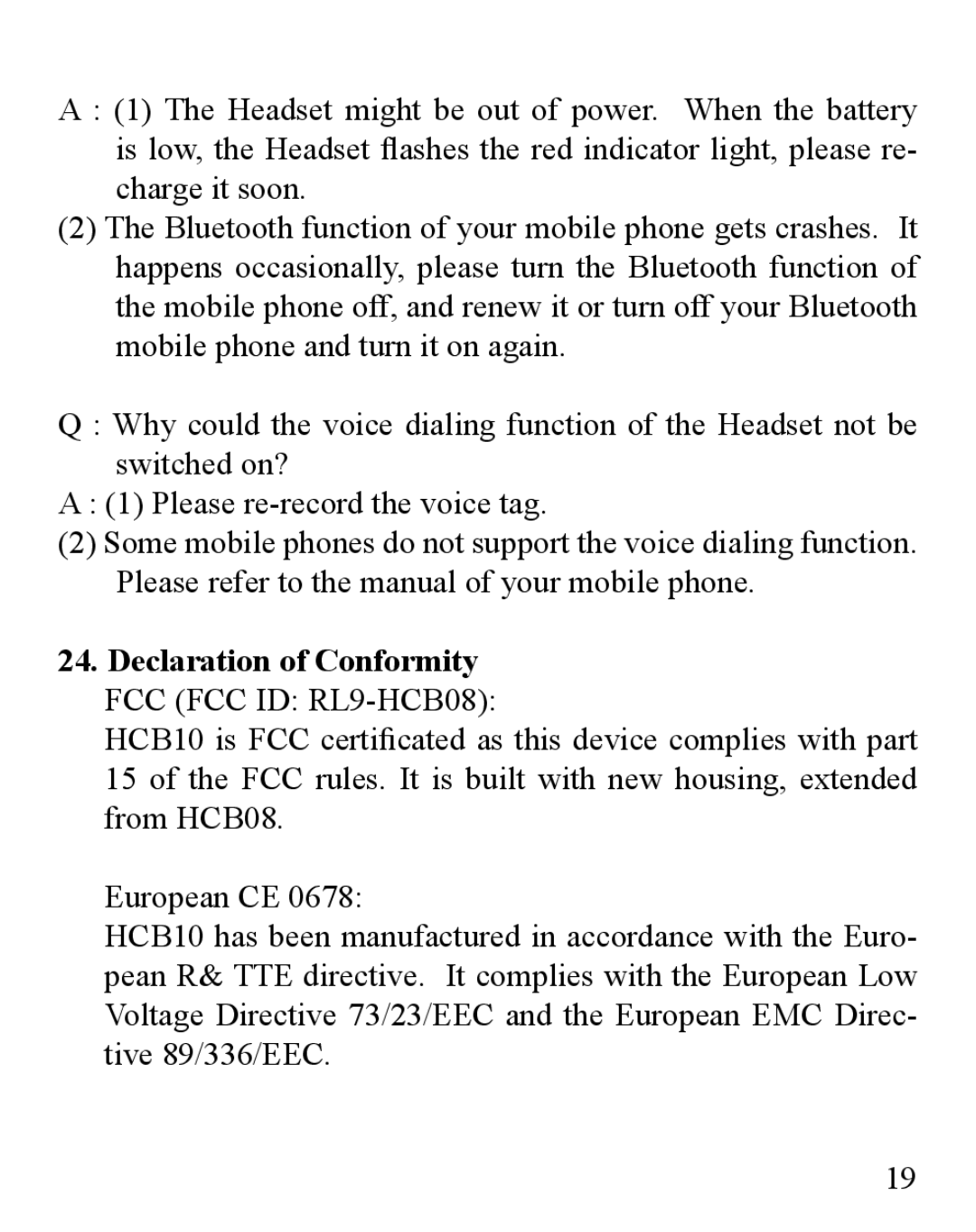 Huey Chiao HCB10 manual Declaration of Conformity FCC FCC ID RL9-HCB08 